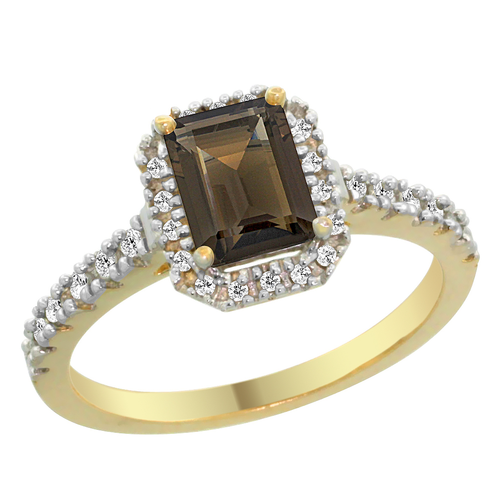 14K Yellow Gold Natural Smoky Topaz Engagement Ring Octagon 7x5 mm Diamond Accents, sizes 5 - 10
