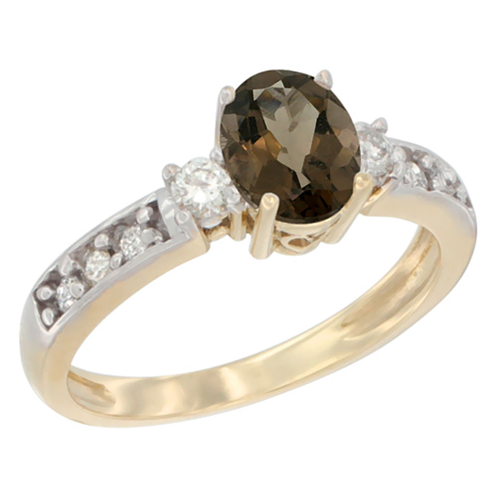 14K Yellow Gold Natural Smoky Topaz Ring Oval 7x5 mm Diamond Accent, sizes 5 - 10