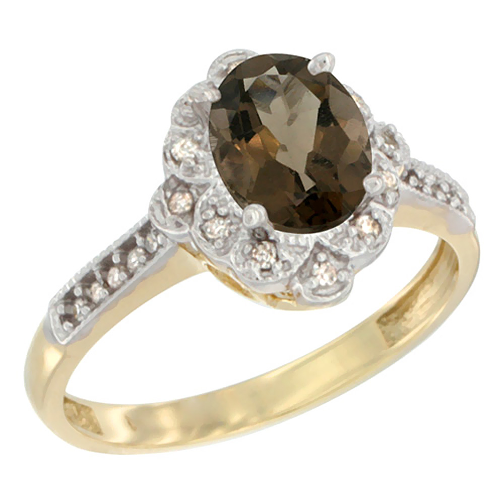 14K Yellow Gold Natural Smoky Topaz Ring Oval 8x6 mm Floral Diamond Halo, sizes 5 - 10