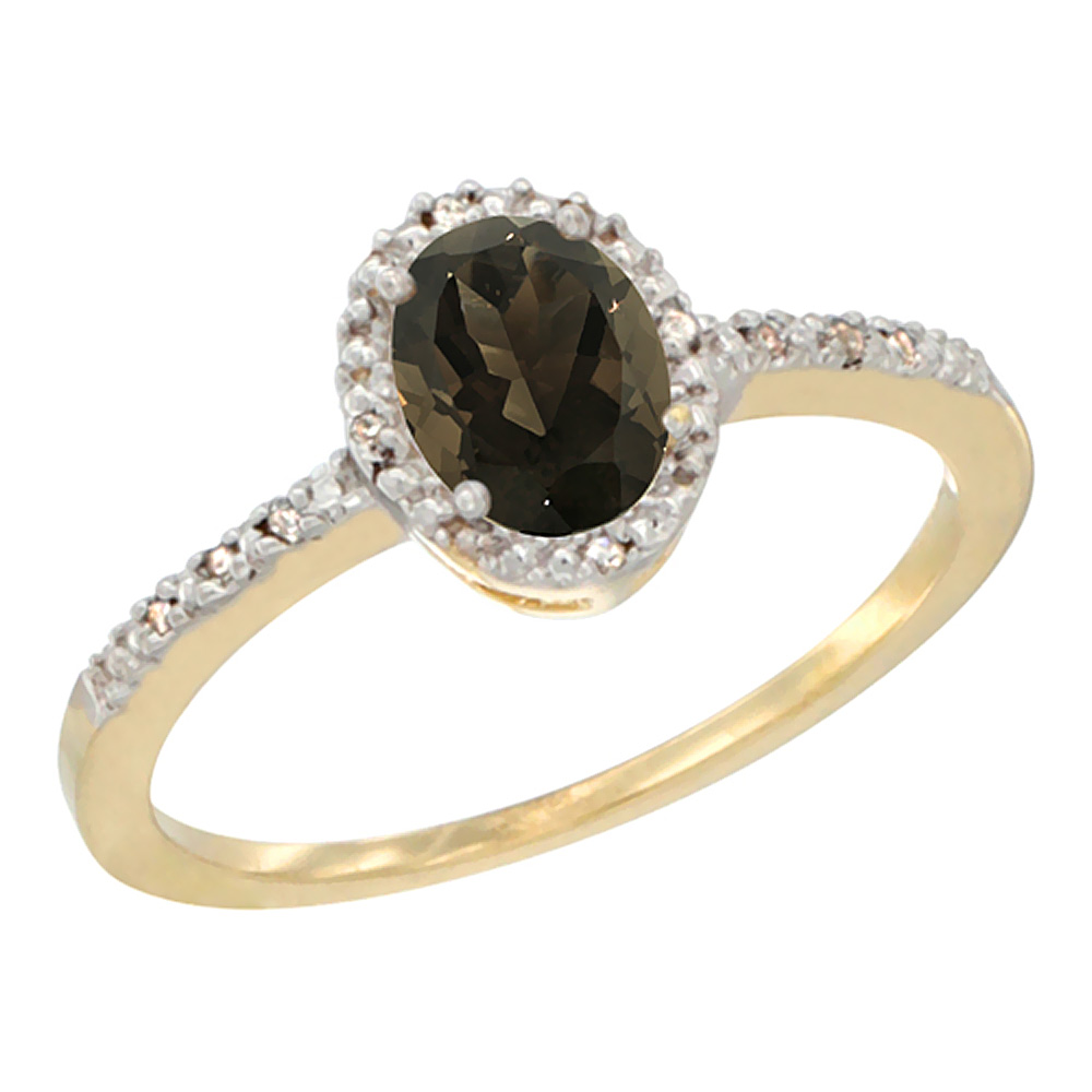 10K Yellow Gold Diamond Natural Smoky Topaz Engagement Ring Oval 7x5 mm, sizes 5 - 10