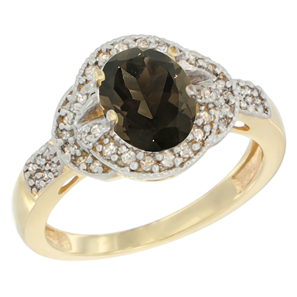 10K Yellow Gold Natural Smoky Topaz Ring Oval 8x6 mm Diamond Accent, sizes 5 - 10