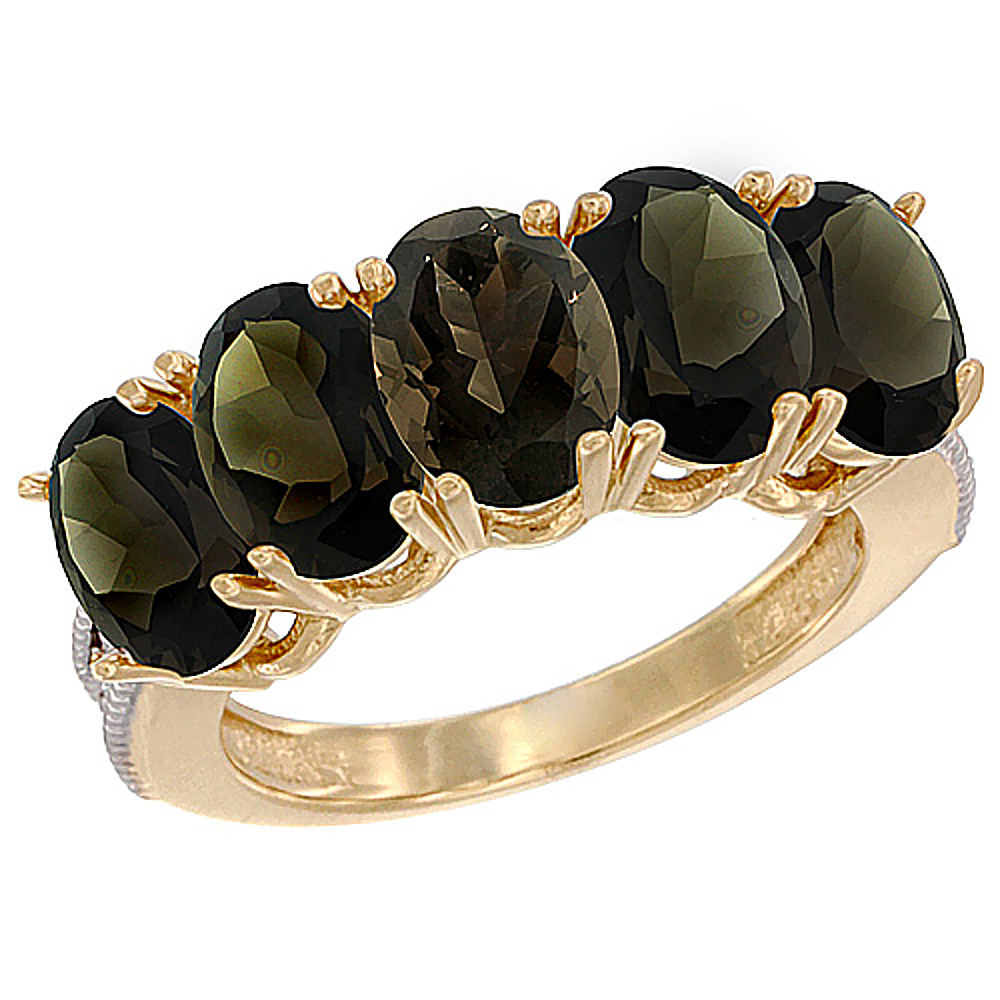 10K Yellow Gold Natural Smoky Topaz 1 ct. Oval 7x5mm 5-Stone Mother's Ring with Diamond Accents, sizes 5 to 10 with half sizes