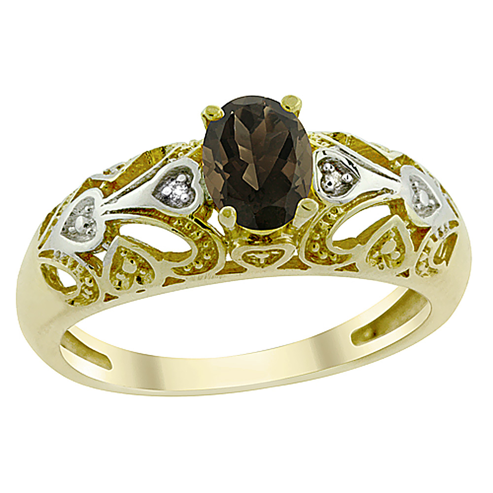 10K Yellow Gold Natural Smoky Topaz Ring Oval 6x4 mm Diamond Accent, sizes 5 - 10
