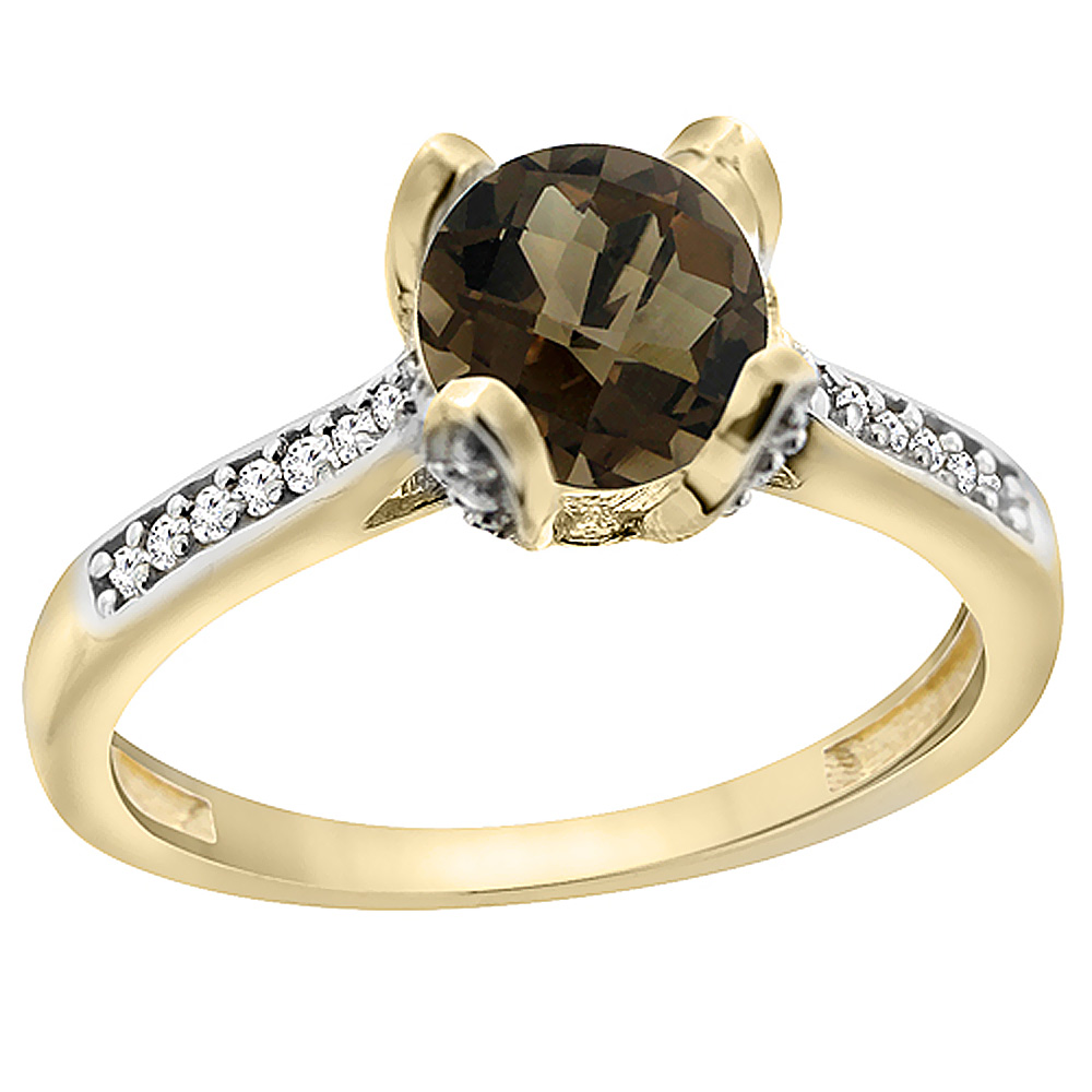 10K Yellow Gold Diamond Natural Smoky Topaz Engagement Ring Round 7mm, sizes 5 to 10 with half sizes