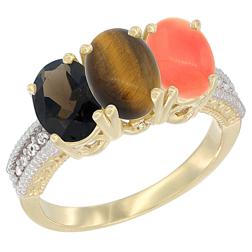 10K Yellow Gold Diamond Natural Smoky Topaz, Tiger Eye & Coral Ring 3-Stone 7x5 mm Oval, sizes 5 - 10