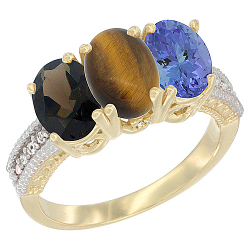 10K Yellow Gold Diamond Natural Smoky Topaz, Tiger Eye & Tanzanite Ring 3-Stone 7x5 mm Oval, sizes 5 - 10