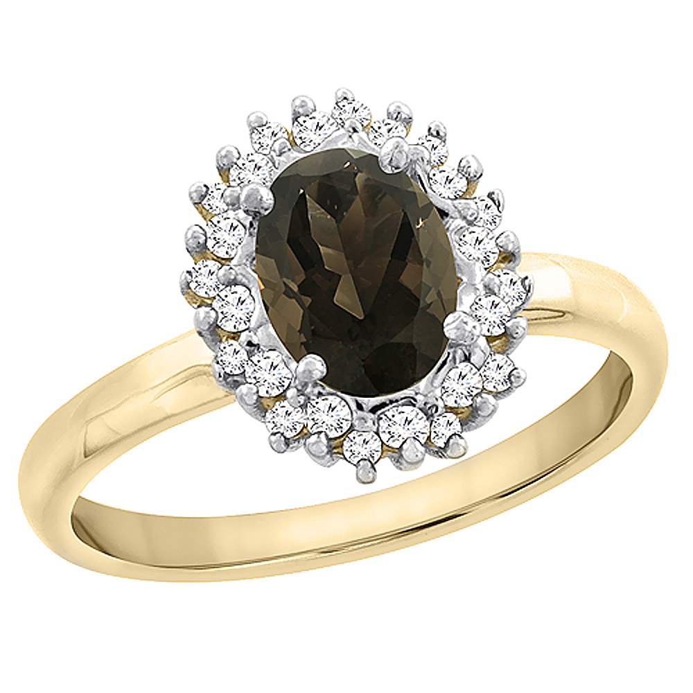 14K Yellow Gold Diamond Natural Smoky Topaz Engagement Ring Oval 7x5mm, sizes 5 - 10