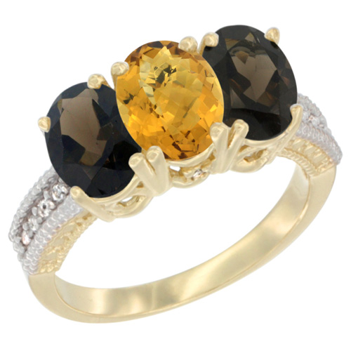 10K Yellow Gold Diamond Natural Whisky Quartz & Smoky Topaz Ring 3-Stone 7x5 mm Oval, sizes 5 - 10