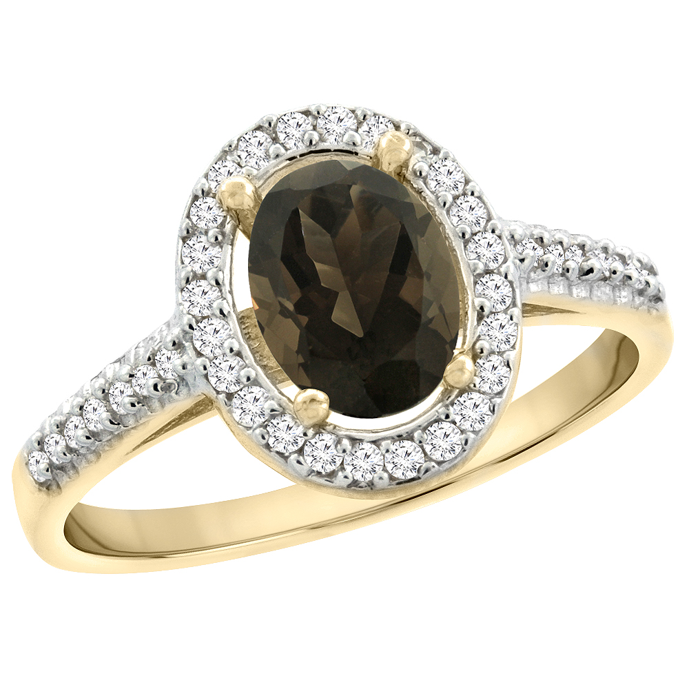 14K Yellow Gold Natural Smoky Topaz Engagement Ring Oval 7x5 mm Diamond Halo, sizes 5 - 10