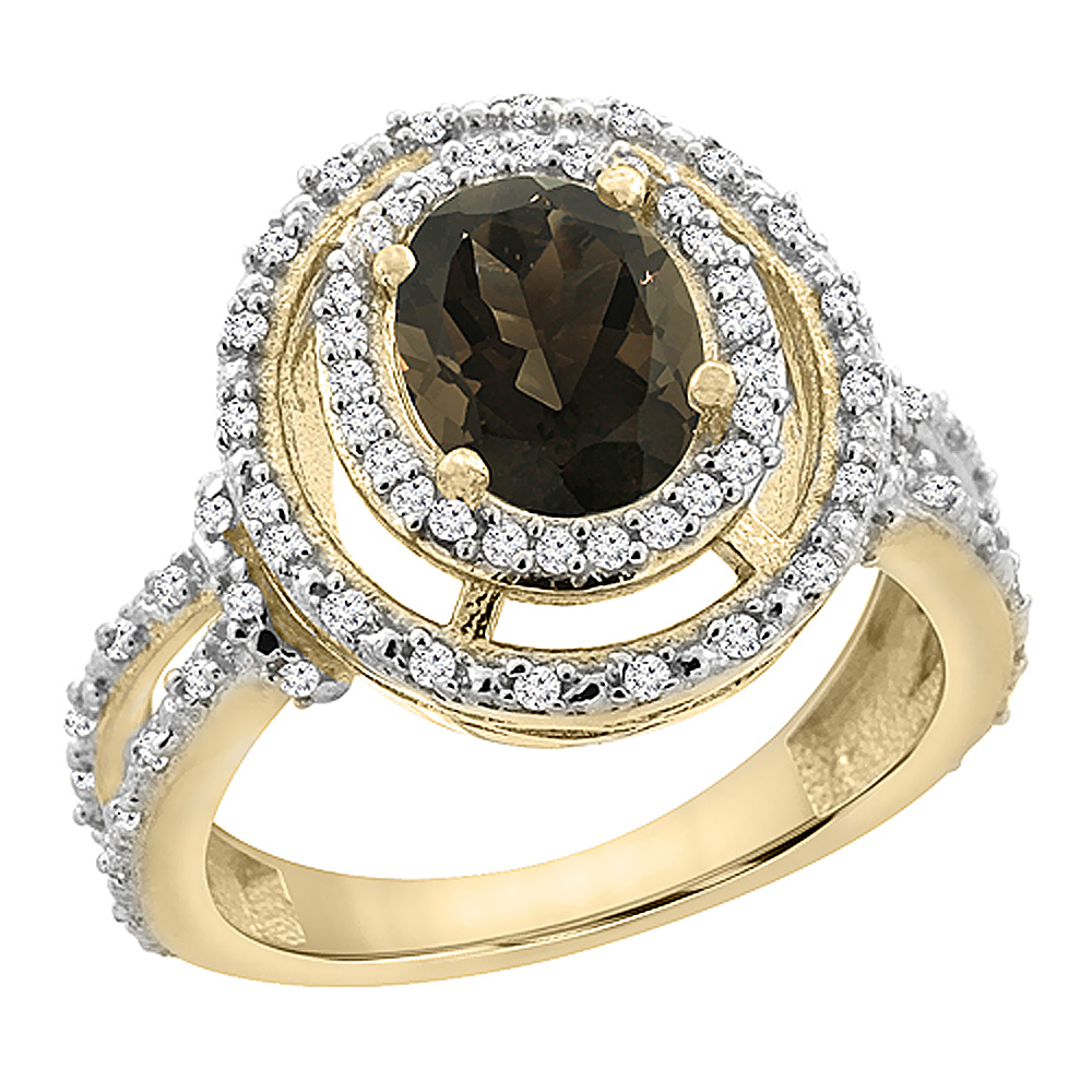 14K Yellow Gold Natural Smoky Topaz Ring Oval 8x6 mm Double Halo Diamond, sizes 5 - 10