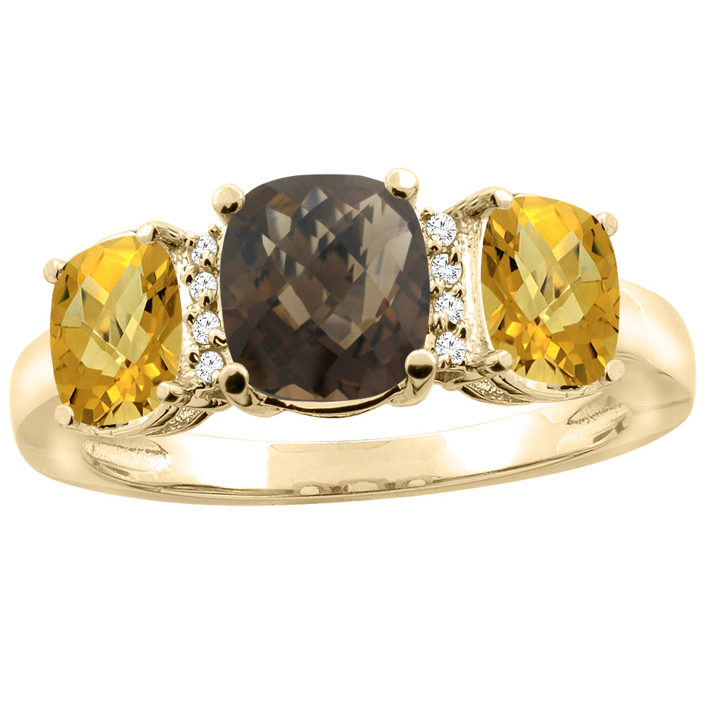 10K Yellow Gold Natural Smoky Topaz & Whisky Quartz 3-stone Ring Cushion 8x6mm Diamond Accent, sizes 5 - 10
