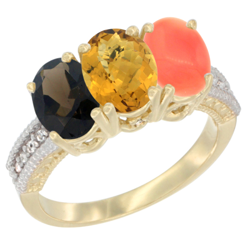 10K Yellow Gold Diamond Natural Smoky Topaz, Whisky Quartz & Coral Ring 3-Stone 7x5 mm Oval, sizes 5 - 10