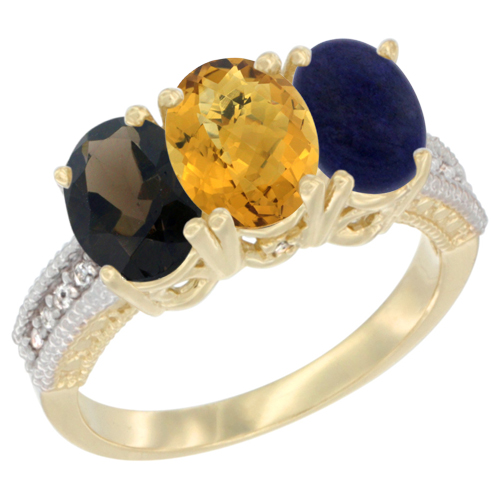 10K Yellow Gold Diamond Natural Smoky Topaz, Whisky Quartz & Lapis Ring 3-Stone 7x5 mm Oval, sizes 5 - 10