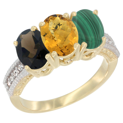 10K Yellow Gold Diamond Natural Smoky Topaz, Whisky Quartz & Malachite Ring 3-Stone 7x5 mm Oval, sizes 5 - 10