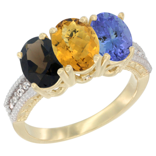 10K Yellow Gold Diamond Natural Smoky Topaz, Whisky Quartz & Tanzanite Ring 3-Stone 7x5 mm Oval, sizes 5 - 10