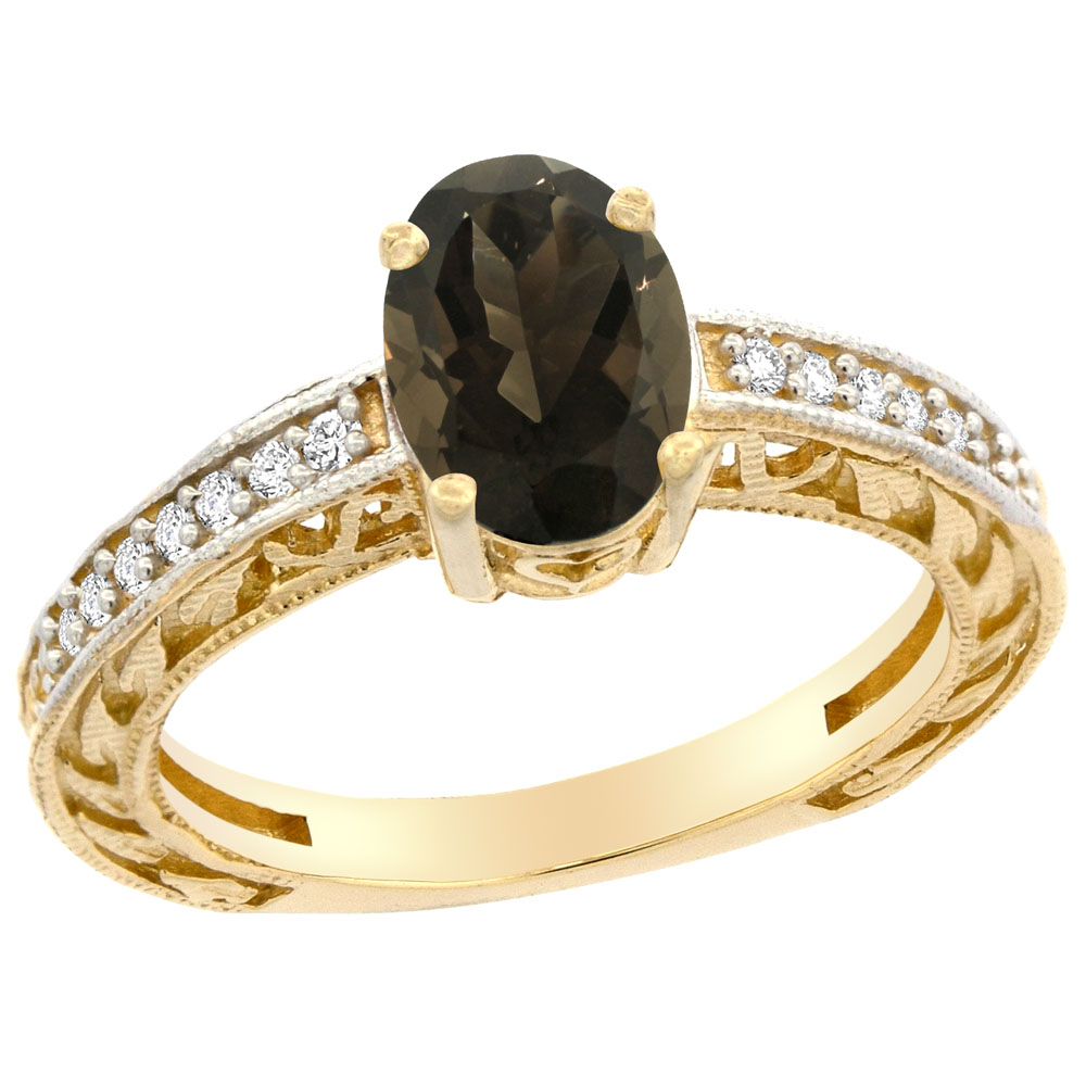 14K Gold Natural Smoky Topaz Ring Oval 8x6 mm Diamond Accents, sizes 5 - 10