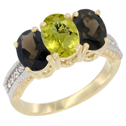 10K Yellow Gold Diamond Natural Lemon Quartz & Smoky Topaz Ring 3-Stone 7x5 mm Oval, sizes 5 - 10