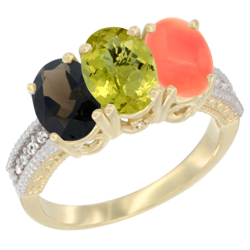 10K Yellow Gold Diamond Natural Smoky Topaz, Lemon Quartz & Coral Ring 3-Stone 7x5 mm Oval, sizes 5 - 10