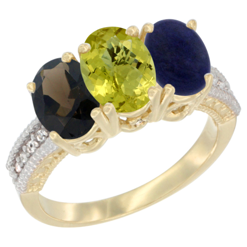 10K Yellow Gold Diamond Natural Smoky Topaz, Lemon Quartz & Lapis Ring 3-Stone 7x5 mm Oval, sizes 5 - 10