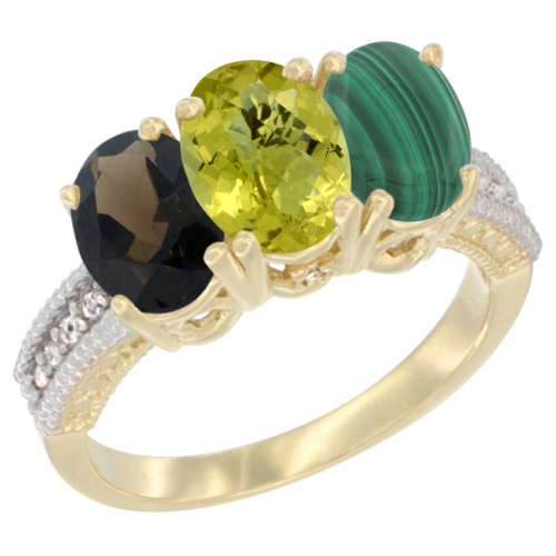 10K Yellow Gold Diamond Natural Smoky Topaz, Lemon Quartz & Malachite Ring 3-Stone 7x5 mm Oval, sizes 5 - 10