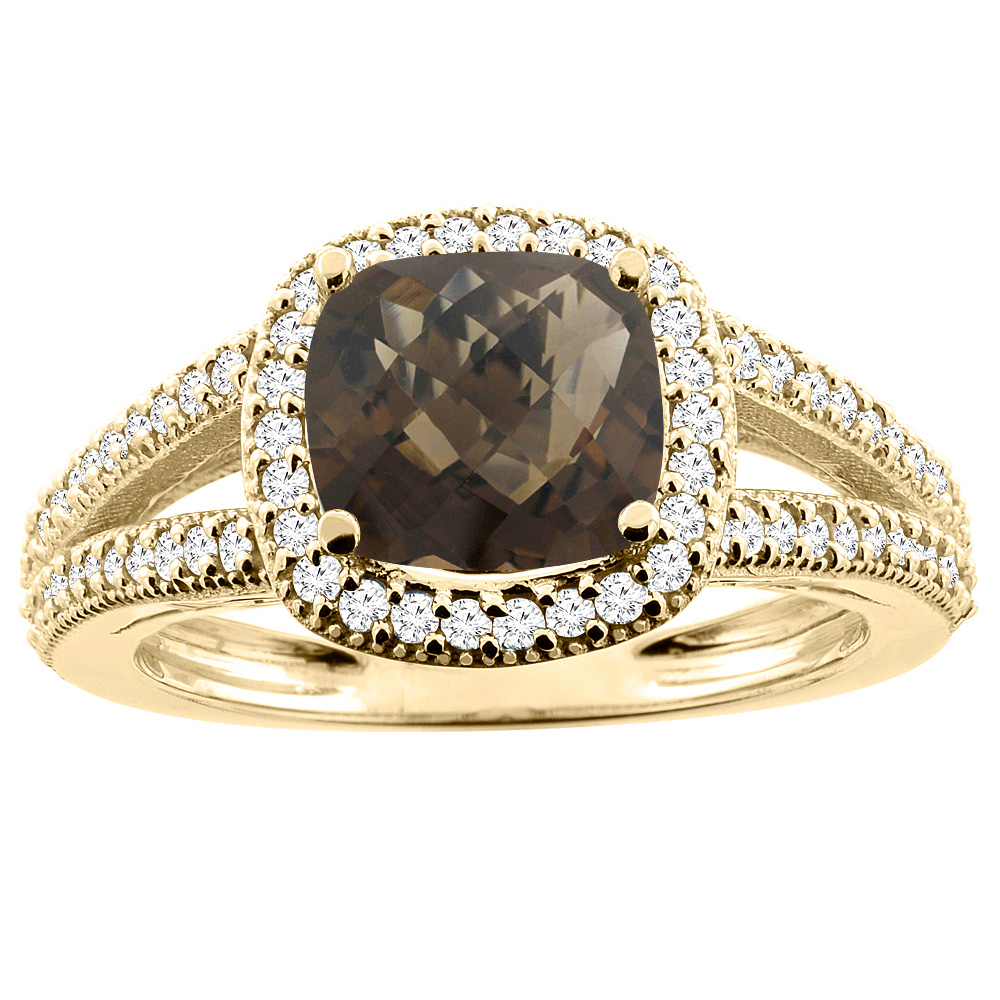 14K Yellow Gold Natural Smoky Topaz Ring Cushion 7x7mm Diamond Accent 3/8 inch wide, sizes 5 - 10