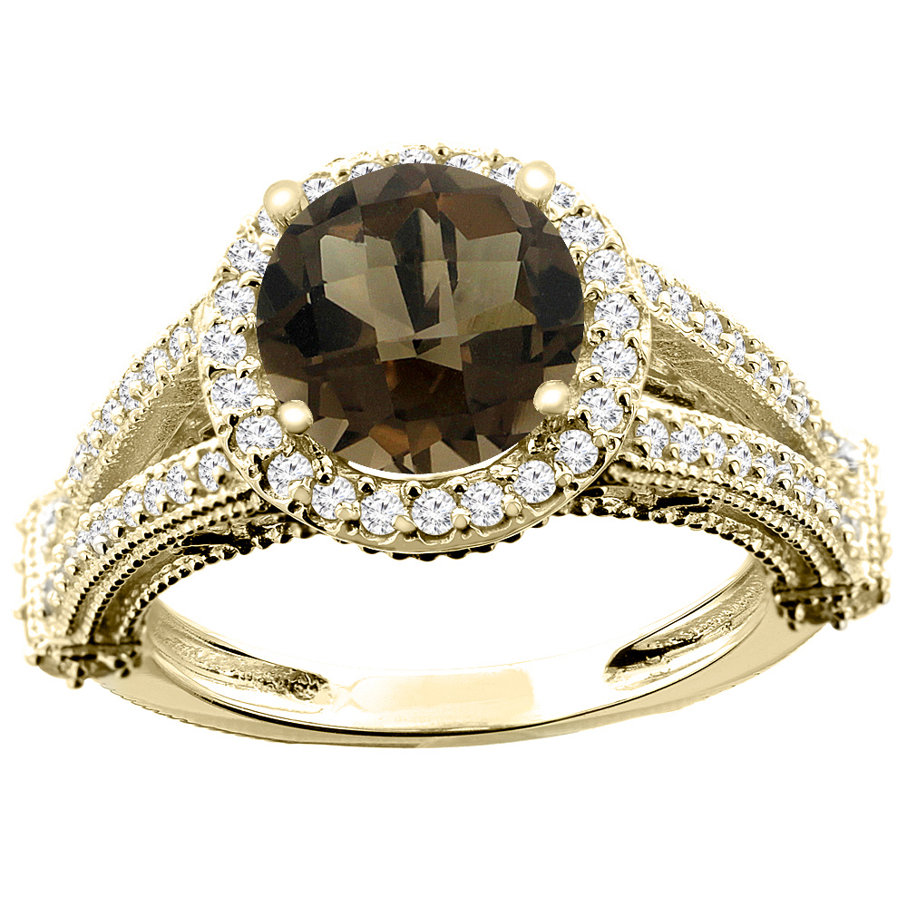 10K White/Yellow/Rose Gold Natural Smoky Topaz Ring Round 8mm Diamond Accent, sizes 5 - 10