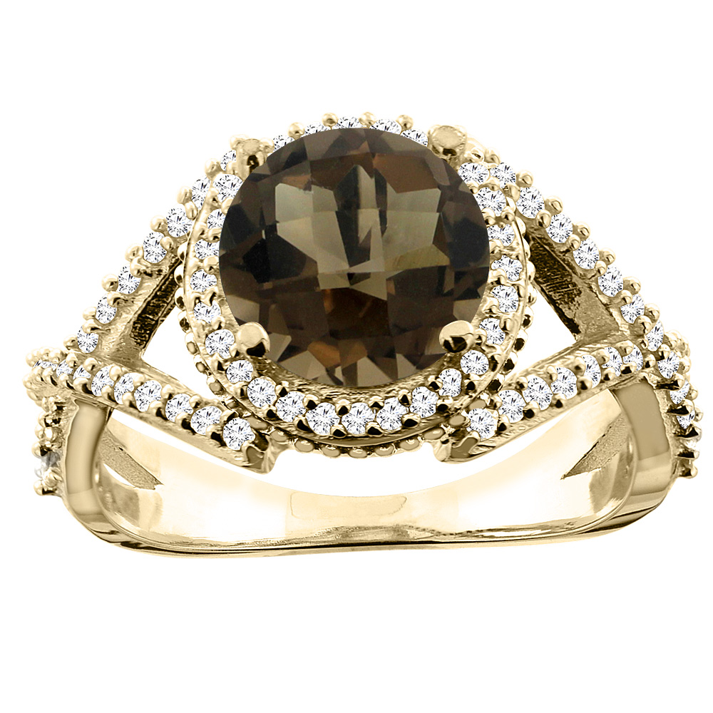 10K White/Yellow/Rose Gold Natural Smoky Topaz Ring Round 8mm Diamond Accent, sizes 5 - 10