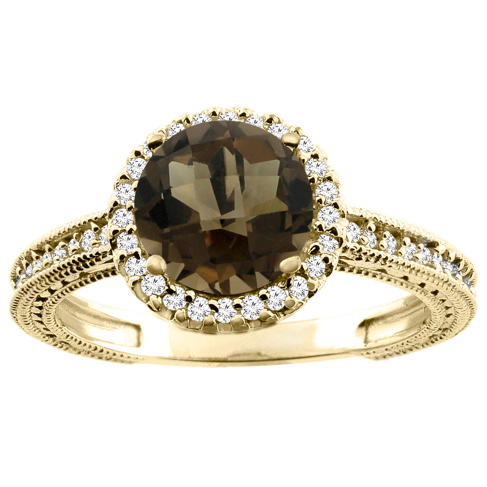10K White/Yellow/Rose Gold Natural Smoky Topaz Ring Round 7mm Diamond Accent, sizes 5 - 10