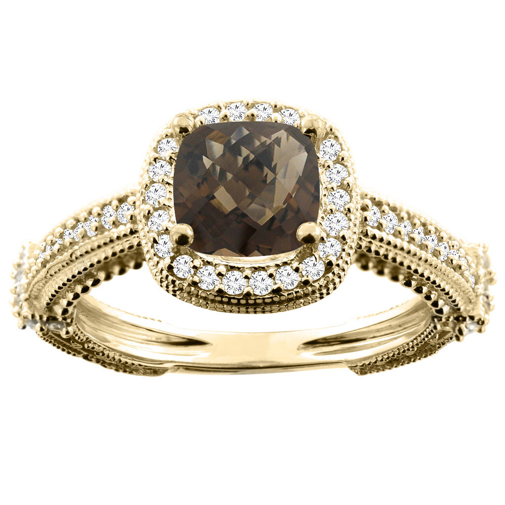 10K White/Yellow/Rose Gold Natural Smoky Topaz Ring Cushion 7x7mm Diamond Accent, sizes 5 - 10