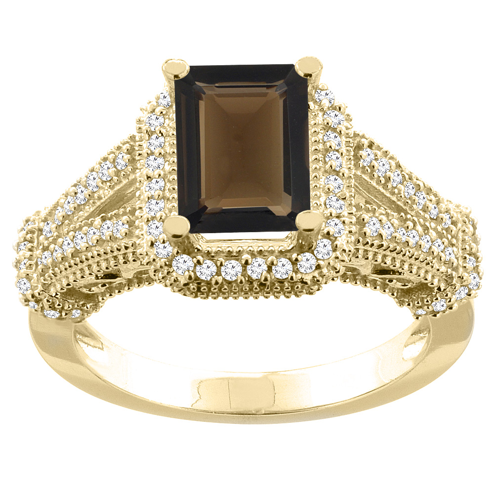 10K White/Yellow/Rose Gold Natural Smoky Topaz Ring Octagon 8x6mm Diamond Accent, sizes 5-10