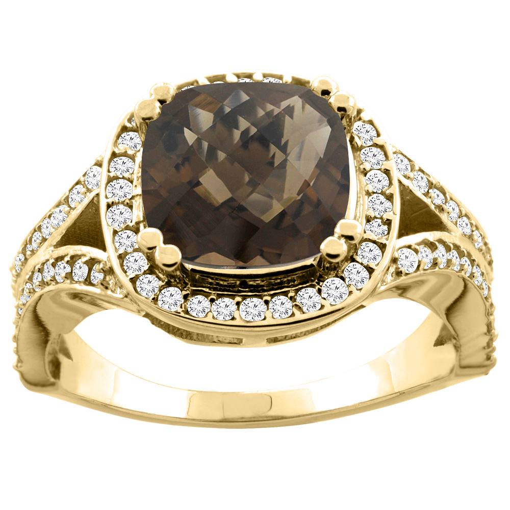 10K Yellow Gold Natural Smoky Topaz Split Ring Cushion 8x8mm Diamond Accent, sizes 5 - 10
