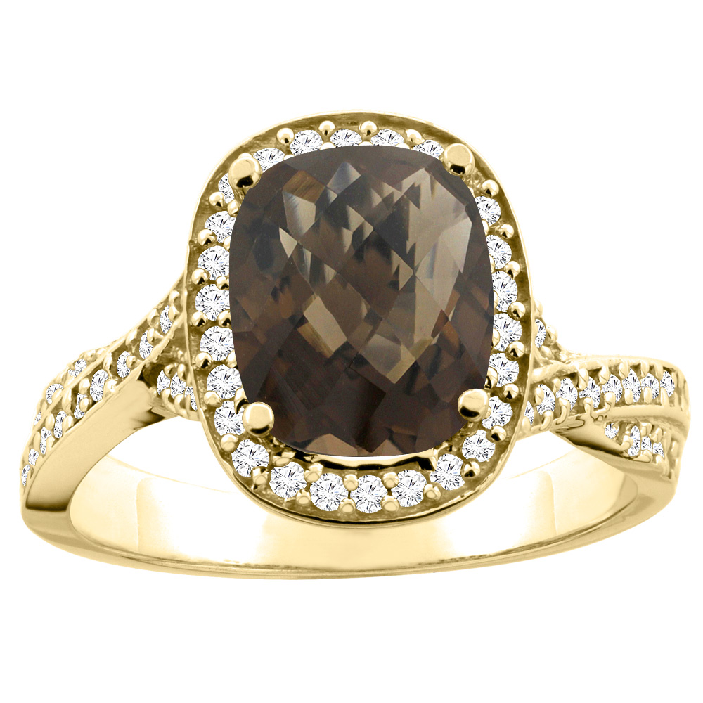 10K Yellow Gold Natural Smoky Topaz Halo Ring Cushion 9x7mm Diamond Accent, sizes 5 - 10