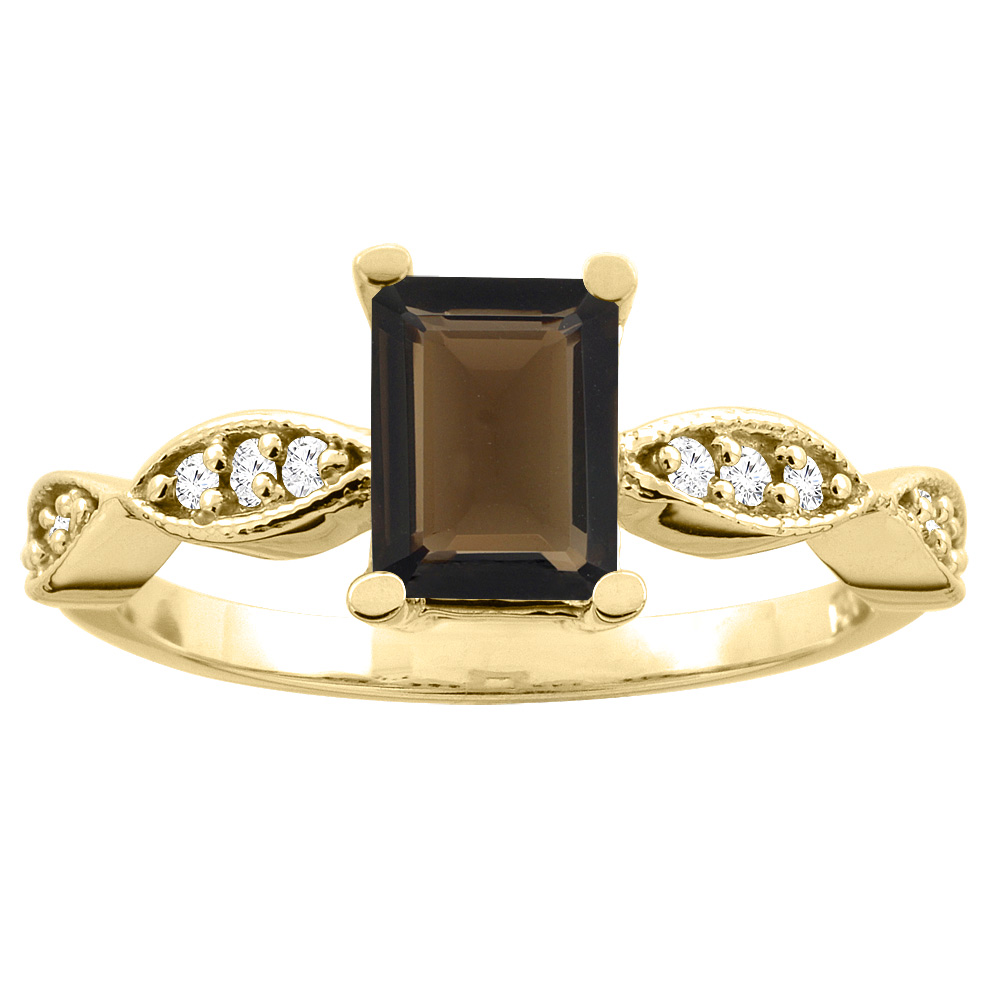 14K White/Yellow Gold Natural Smoky Topaz Ring Octagon 7x5mm Diamond Accents, sizes 5 -10
