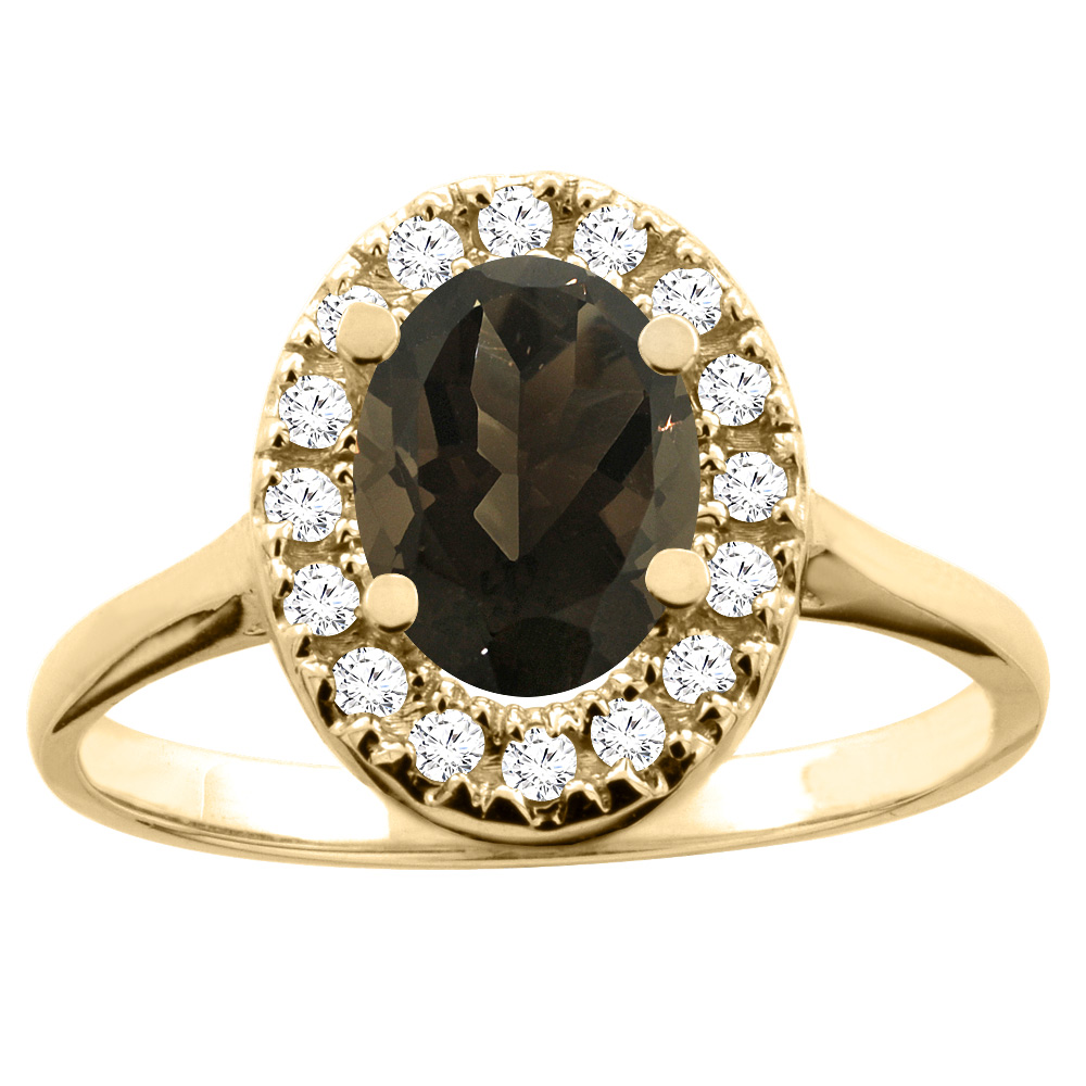 14K White/Yellow Gold Natural Smoky Topaz Ring Oval 8x6mm Diamond Accent, sizes 5 - 10