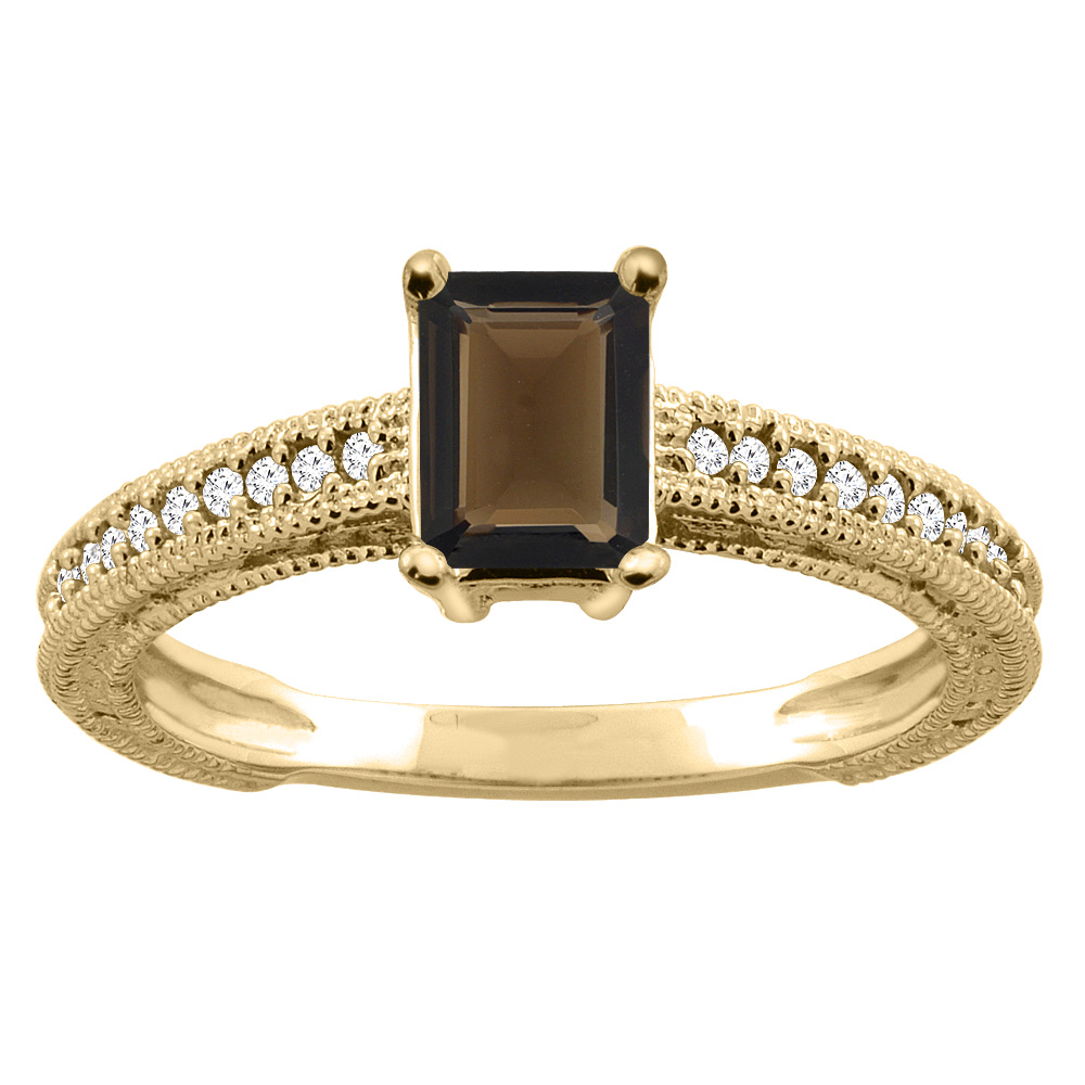 14K Gold Natural Smoky Topaz Engagement Ring Octagon 8x6mm Diamond Accents, sizes 5 - 10