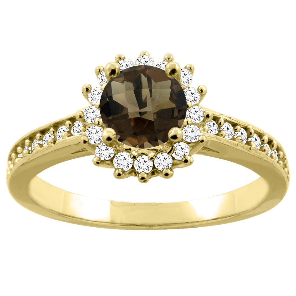 14K Gold Natural Smoky Topaz Floral Halo Diamond Engagement Ring Round 6mm, sizes 5 - 10