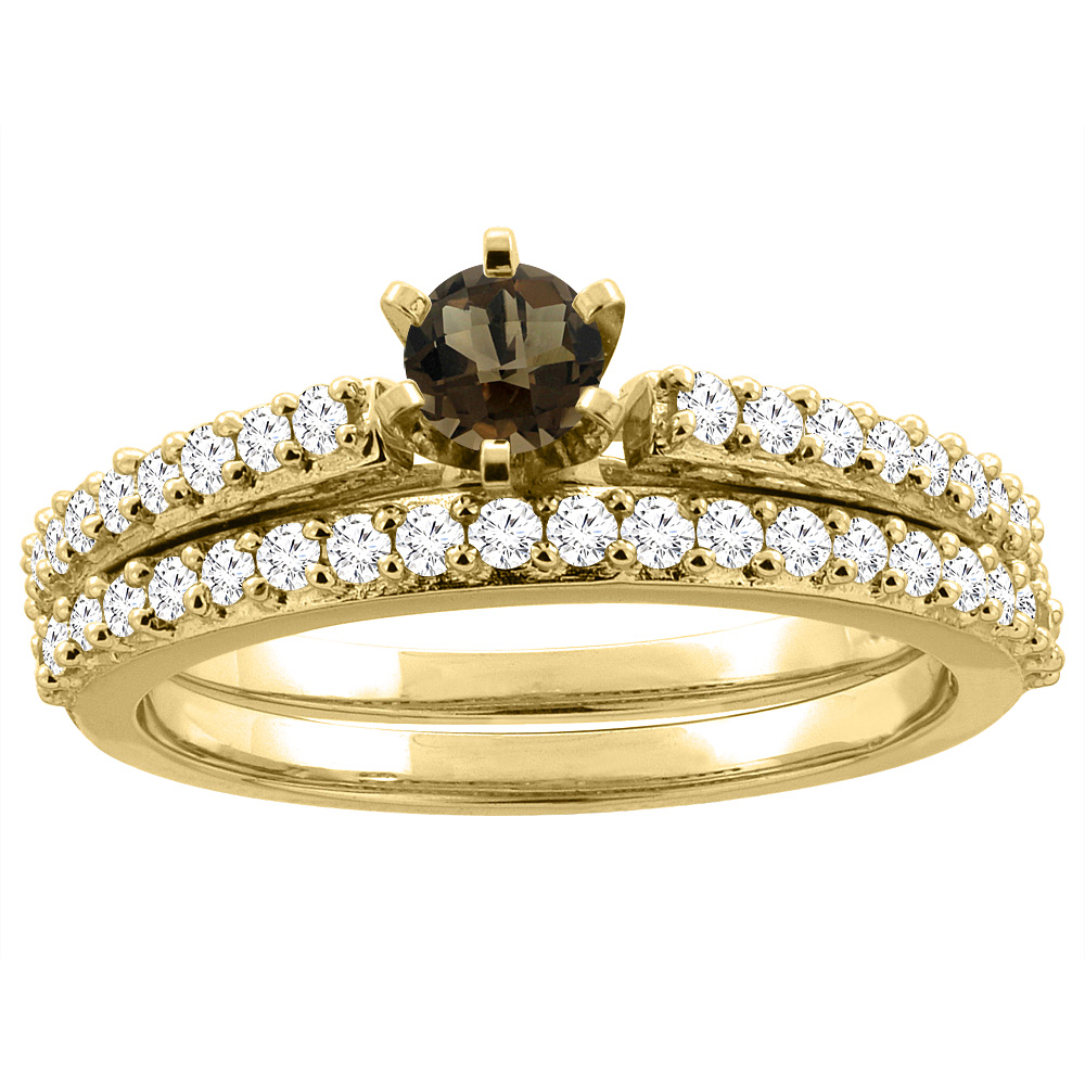 14K Yellow Gold Natural Smoky Topaz 2-piece Bridal Ring Set Round 4mm, sizes 5 - 10