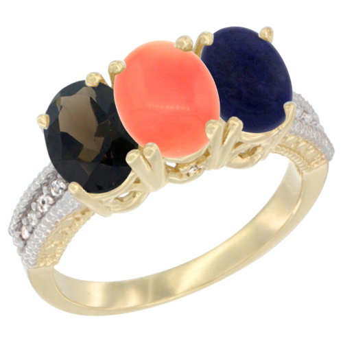 10K Yellow Gold Diamond Natural Smoky Topaz, Coral & Lapis Ring 3-Stone 7x5 mm Oval, sizes 5 - 10