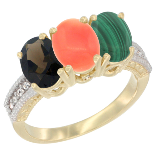 10K Yellow Gold Diamond Natural Smoky Topaz, Coral & Malachite Ring 3-Stone 7x5 mm Oval, sizes 5 - 10