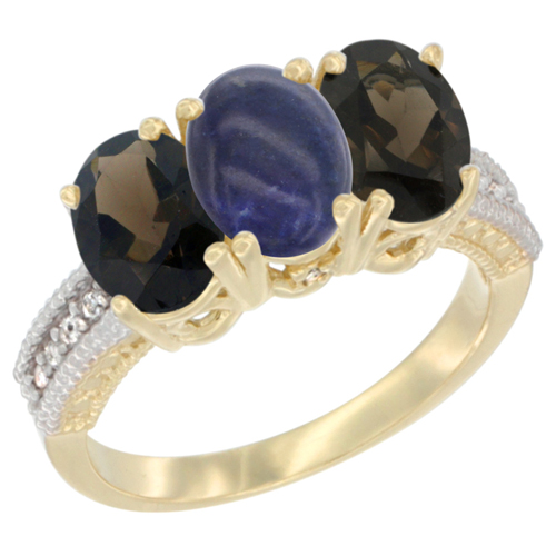 14K Yellow Gold Natural Lapis & Smoky Topaz Ring 3-Stone 7x5 mm Oval Diamond Accent, sizes 5 - 10