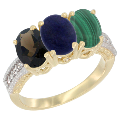 14K Yellow Gold Natural Smoky Topaz, Lapis & Malachite Ring 3-Stone 7x5 mm Oval Diamond Accent, sizes 5 - 10