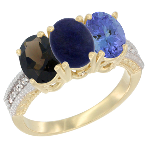 14K Yellow Gold Natural Smoky Topaz, Lapis & Tanzanite Ring 3-Stone 7x5 mm Oval Diamond Accent, sizes 5 - 10