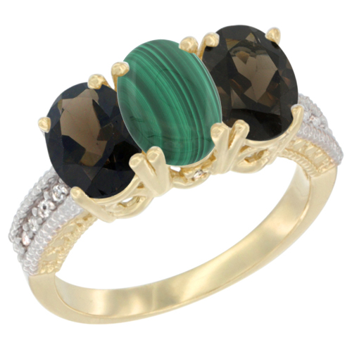 14K Yellow Gold Natural Malachite & Smoky Topaz Ring 3-Stone 7x5 mm Oval Diamond Accent, sizes 5 - 10