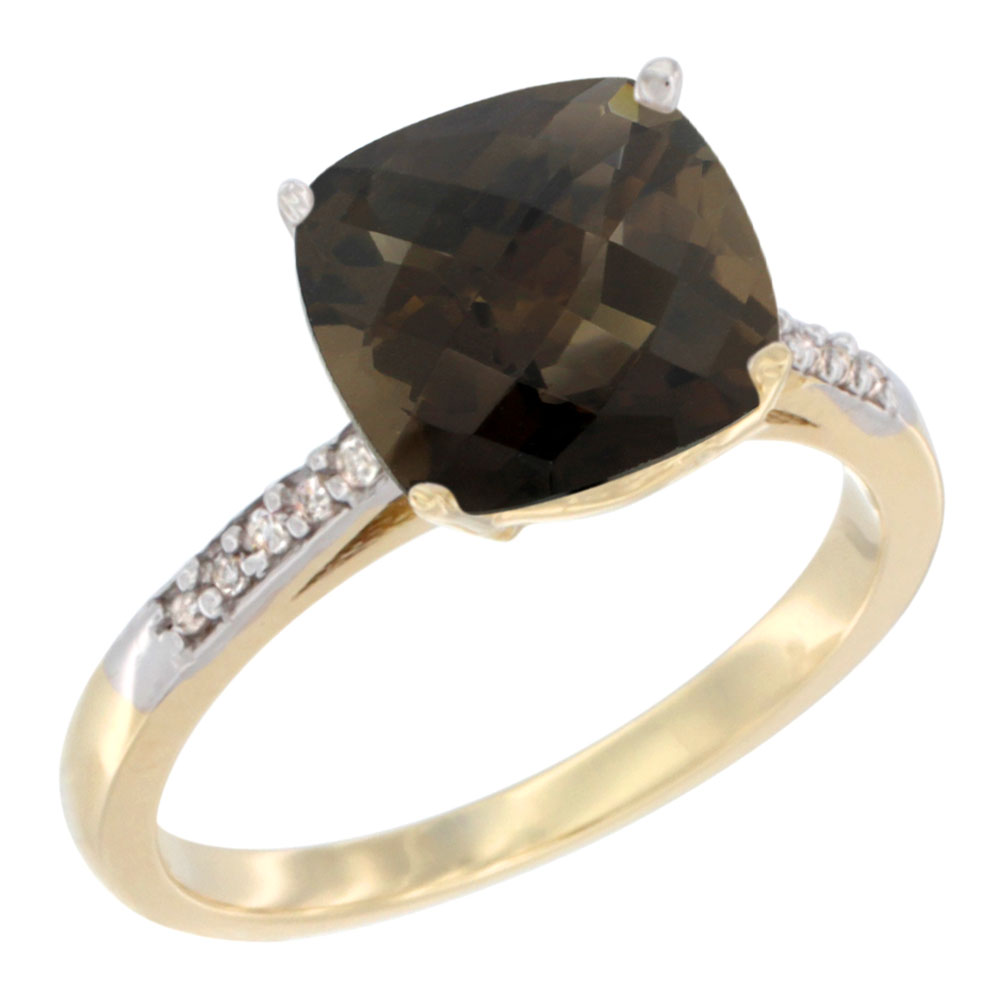 10K Yellow Gold Natural Smoky Topaz Ring Cushion-cut 9 mm Diamond accent, sizes 5 - 10
