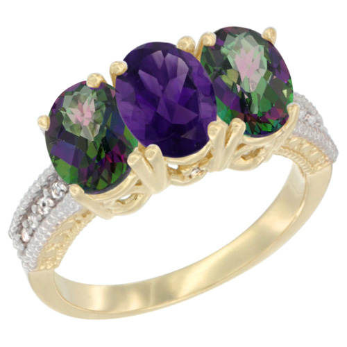 10K Yellow Gold Diamond Natural Amethyst & Mystic Topaz Ring 3-Stone 7x5 mm Oval, sizes 5 - 10