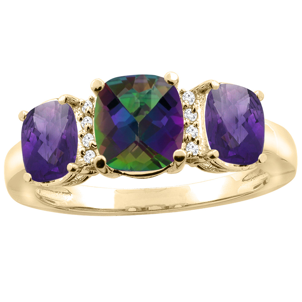 10K Yellow Gold Natural Mystic Topaz & Amethyst 3-stone Ring Cushion 8x6mm Diamond Accent, sizes 5 - 10