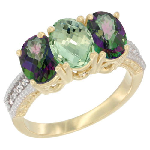10K Yellow Gold Diamond Natural Green Amethyst & Mystic Topaz Ring 3-Stone 7x5 mm Oval, sizes 5 - 10