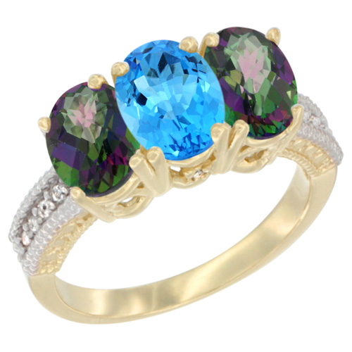 14K Yellow Gold Natural Swiss Blue Topaz & Mystic Topaz Ring 3-Stone 7x5 mm Oval Diamond Accent, sizes 5 - 10