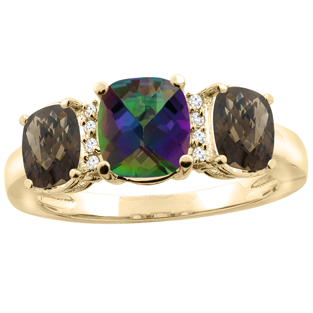 14K Yellow Gold Natural Mystic Topaz & Smoky Topaz 3-stone Ring Cushion 8x6mm Diamond Accent, sizes 5 - 10