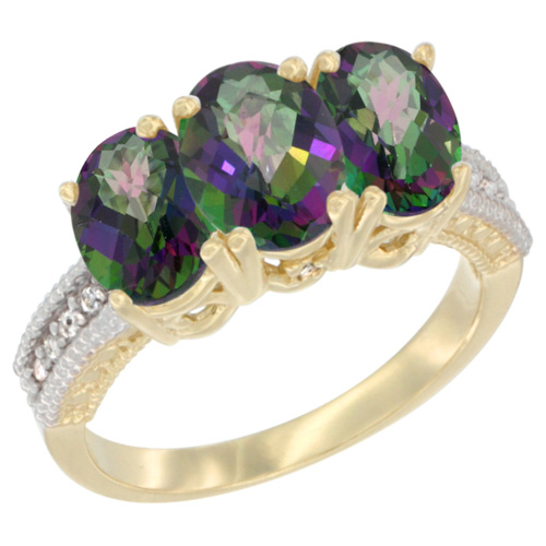 14K Yellow Gold Natural Mystic Topaz Ring 3-Stone 7x5 mm Oval Diamond Accent, sizes 5 - 10